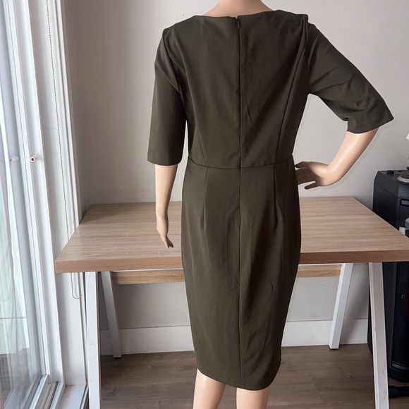 Olive Green Stretch 3/4 Sleeve Empire Sheath A-Line Dress Size medium - Picture 2 of 6